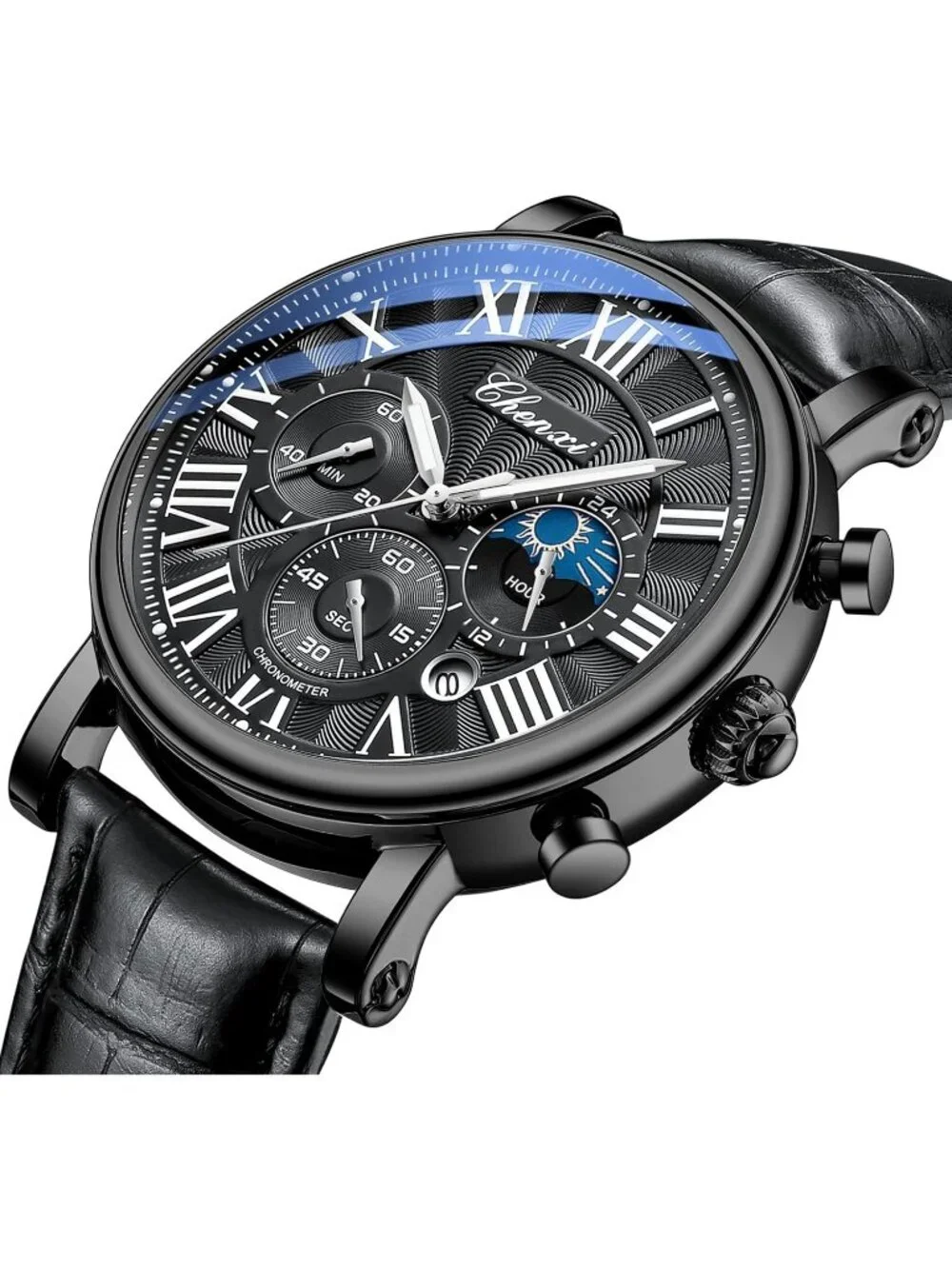 Men's All Black Multifunctional Military Leather Sports Analog Chronograph Watch